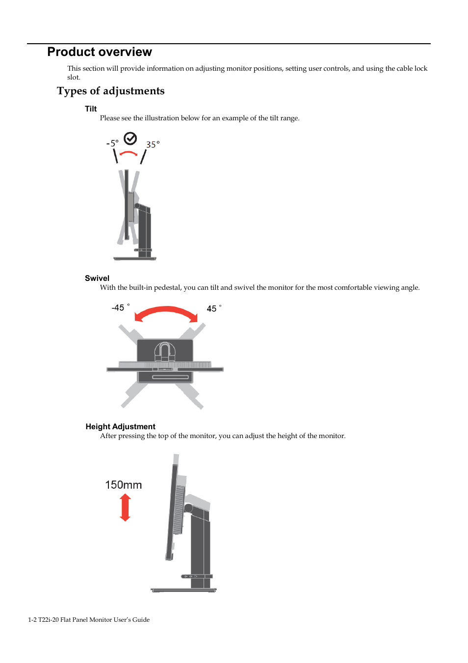 Product overview, Types of adjustments | Lenovo ThinkVision T22i-20 21.5" 16:9 IPS Monitor User Manual | Page 7 / 34