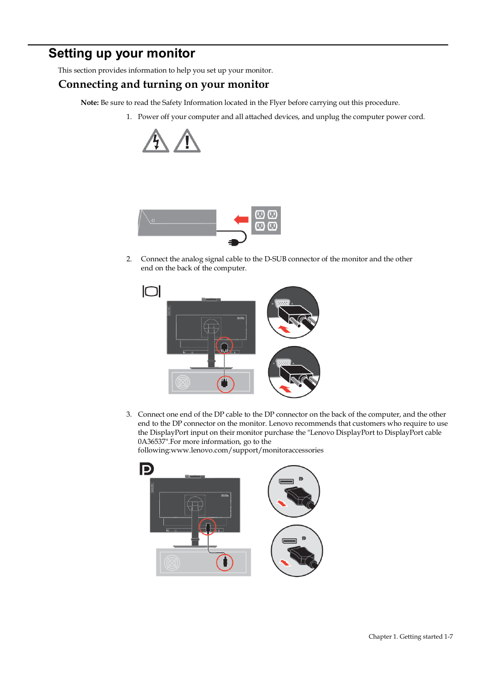 Setting up your monitor, Connecting and turning on your monitor | Lenovo ThinkVision T22v-20 21.5" 16:9 VoIP IPS Monitor User Manual | Page 12 / 43