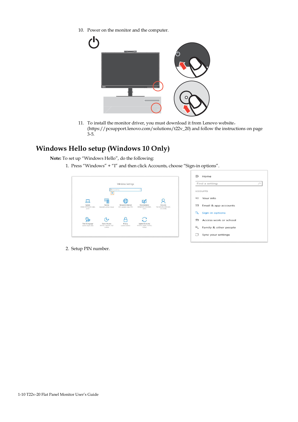 Windows hello setup (windows 10 only) | Lenovo ThinkVision T22v-20 21.5" 16:9 VoIP IPS Monitor User Manual | Page 15 / 43