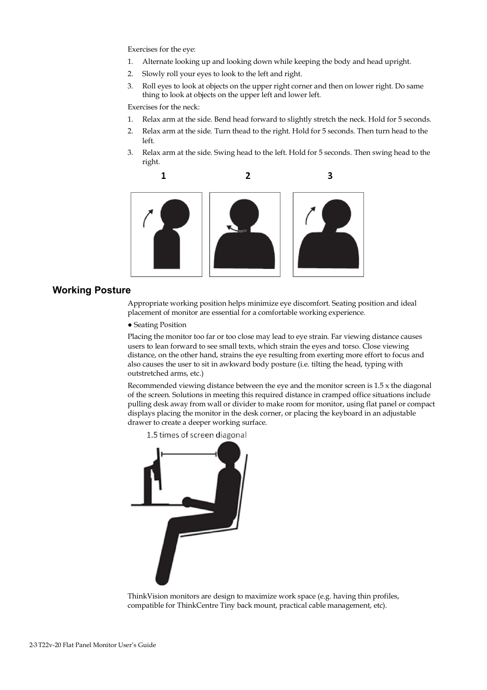 Working posture | Lenovo ThinkVision T22v-20 21.5" 16:9 VoIP IPS Monitor User Manual | Page 19 / 43