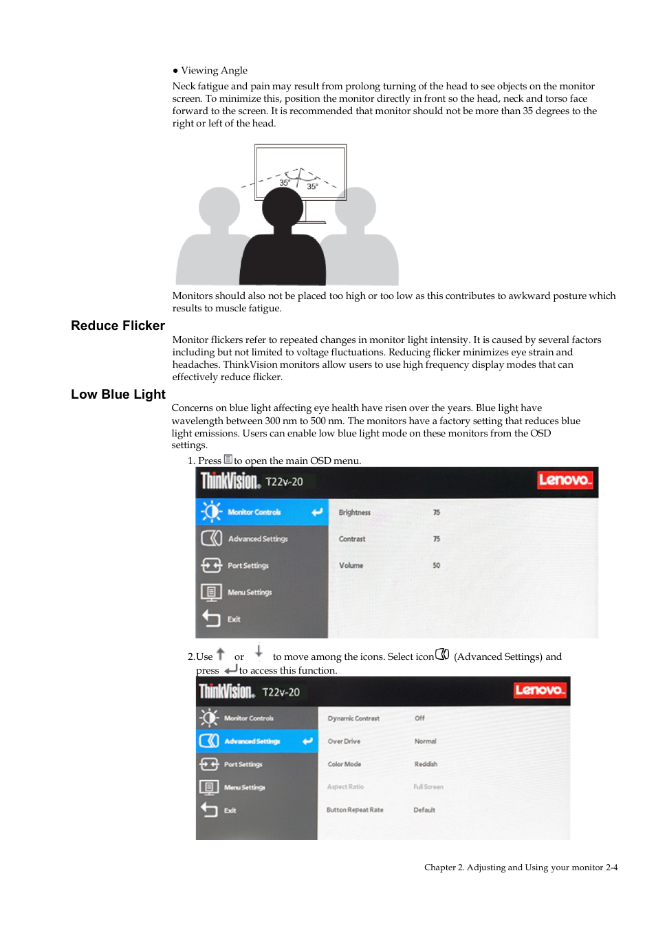 Reduce flicker, Low blue light | Lenovo ThinkVision T22v-20 21.5" 16:9 VoIP IPS Monitor User Manual | Page 20 / 43