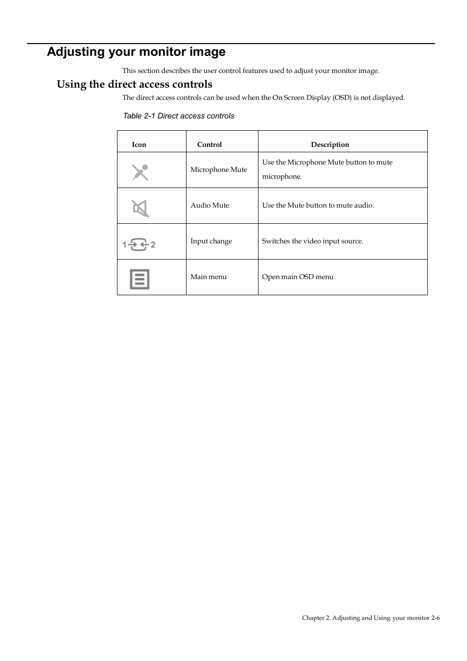 Adjusting your monitor image, Using the direct access controls | Lenovo ThinkVision T22v-20 21.5" 16:9 VoIP IPS Monitor User Manual | Page 22 / 43