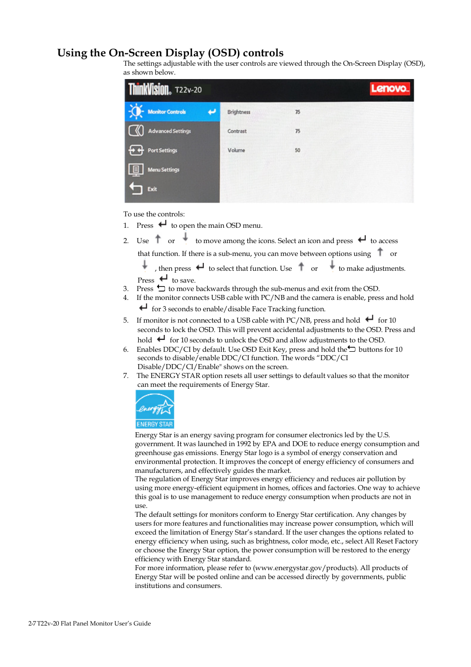 Using the on-screen display (osd) controls | Lenovo ThinkVision T22v-20 21.5" 16:9 VoIP IPS Monitor User Manual | Page 23 / 43