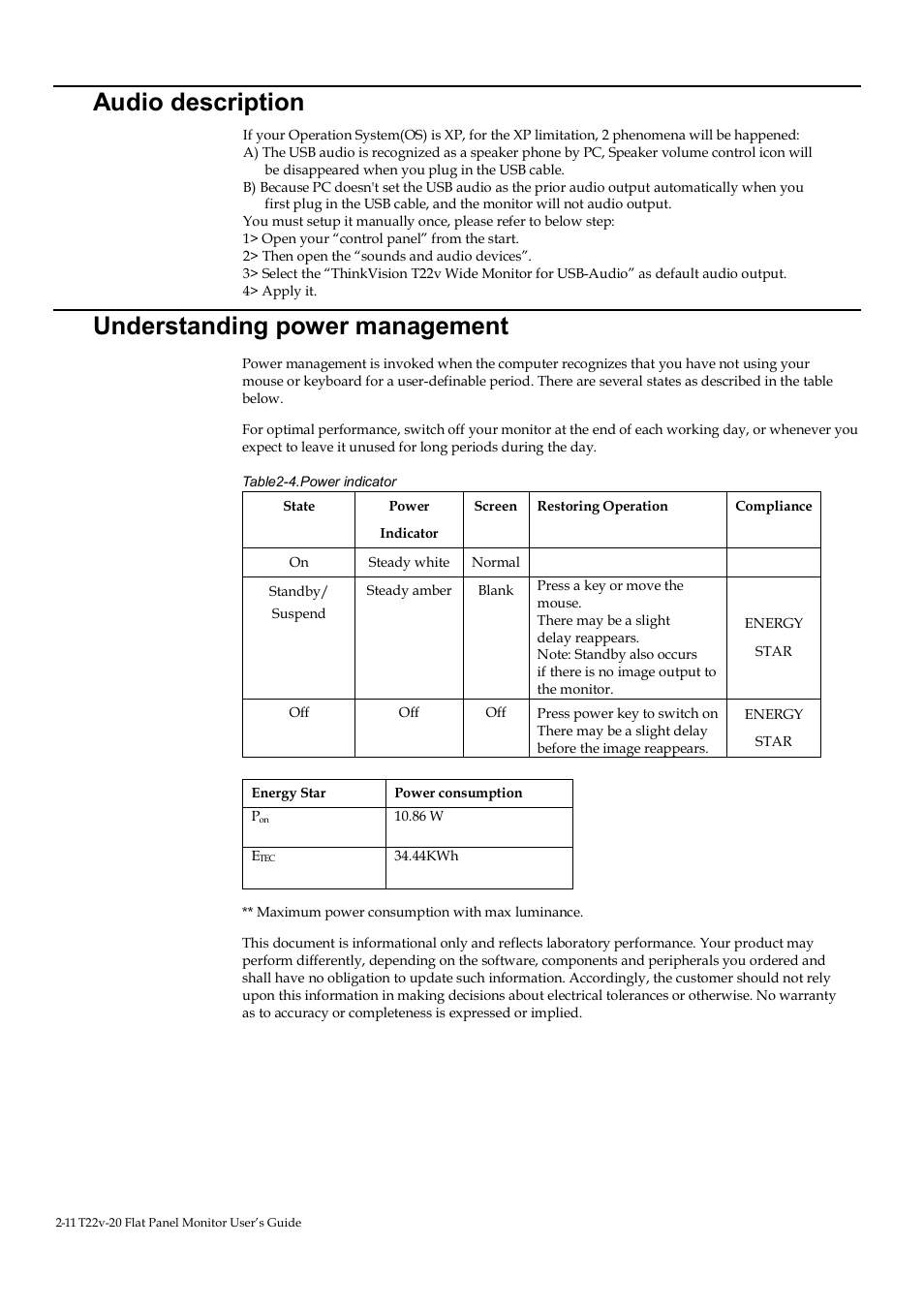 Audio description, Understanding power management | Lenovo ThinkVision T22v-20 21.5" 16:9 VoIP IPS Monitor User Manual | Page 27 / 43