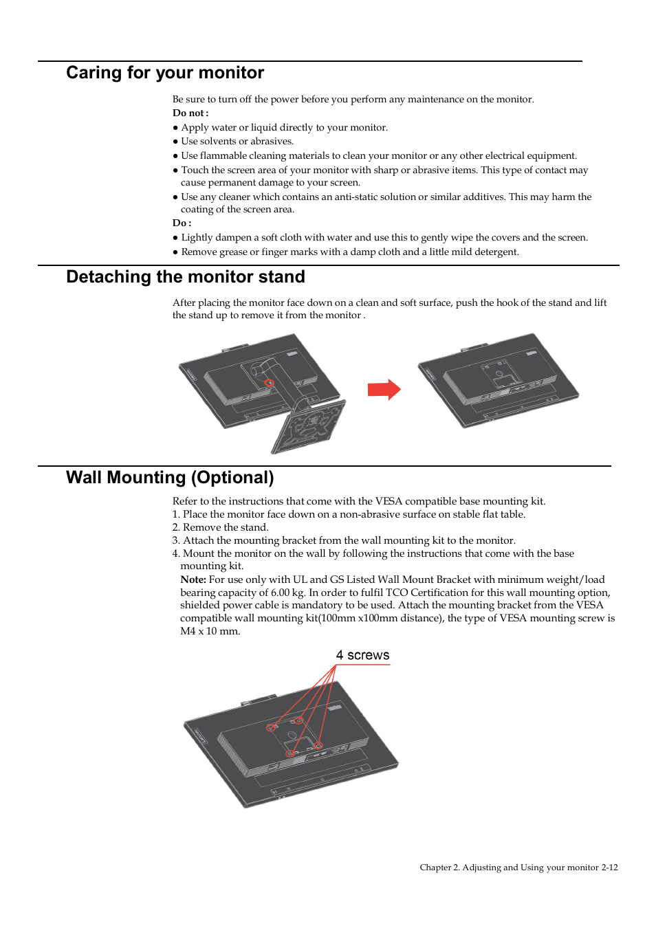 Caring for your monitor, Detaching the monitor stand, Wall mounting (optional) | Lenovo ThinkVision T22v-20 21.5" 16:9 VoIP IPS Monitor User Manual | Page 28 / 43