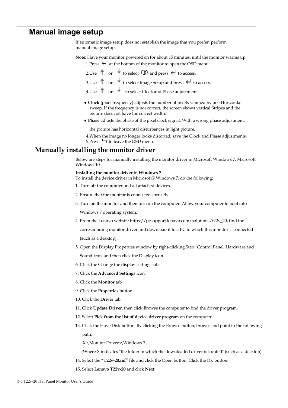 Manual image setup, Manually installing the monitor driver | Lenovo ThinkVision T22v-20 21.5" 16:9 VoIP IPS Monitor User Manual | Page 33 / 43