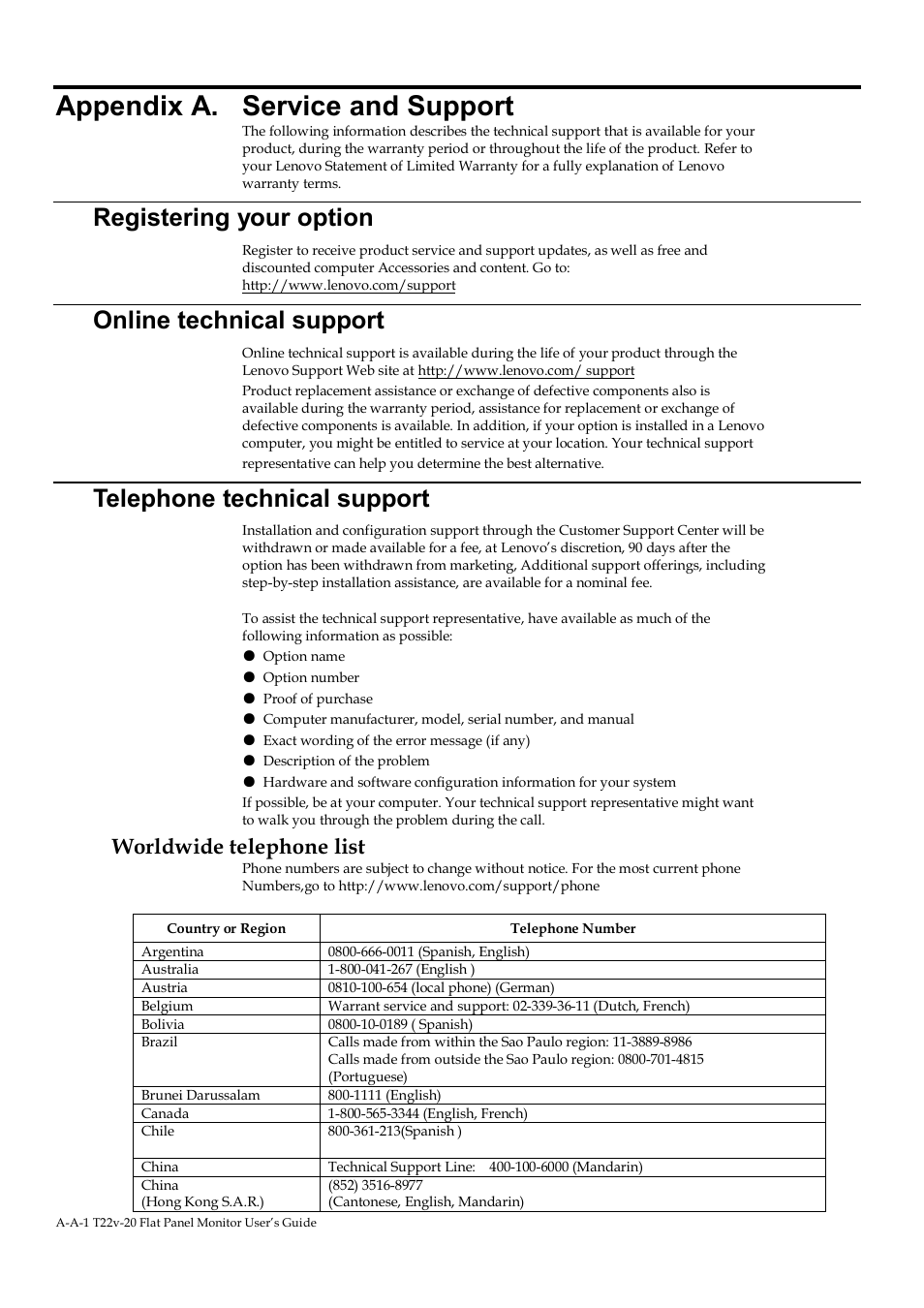 Appendix a. service and support, Registering your option, Online technical support | Telephone technical support, Worldwide telephone list, Service, And support | Lenovo ThinkVision T22v-20 21.5" 16:9 VoIP IPS Monitor User Manual | Page 37 / 43