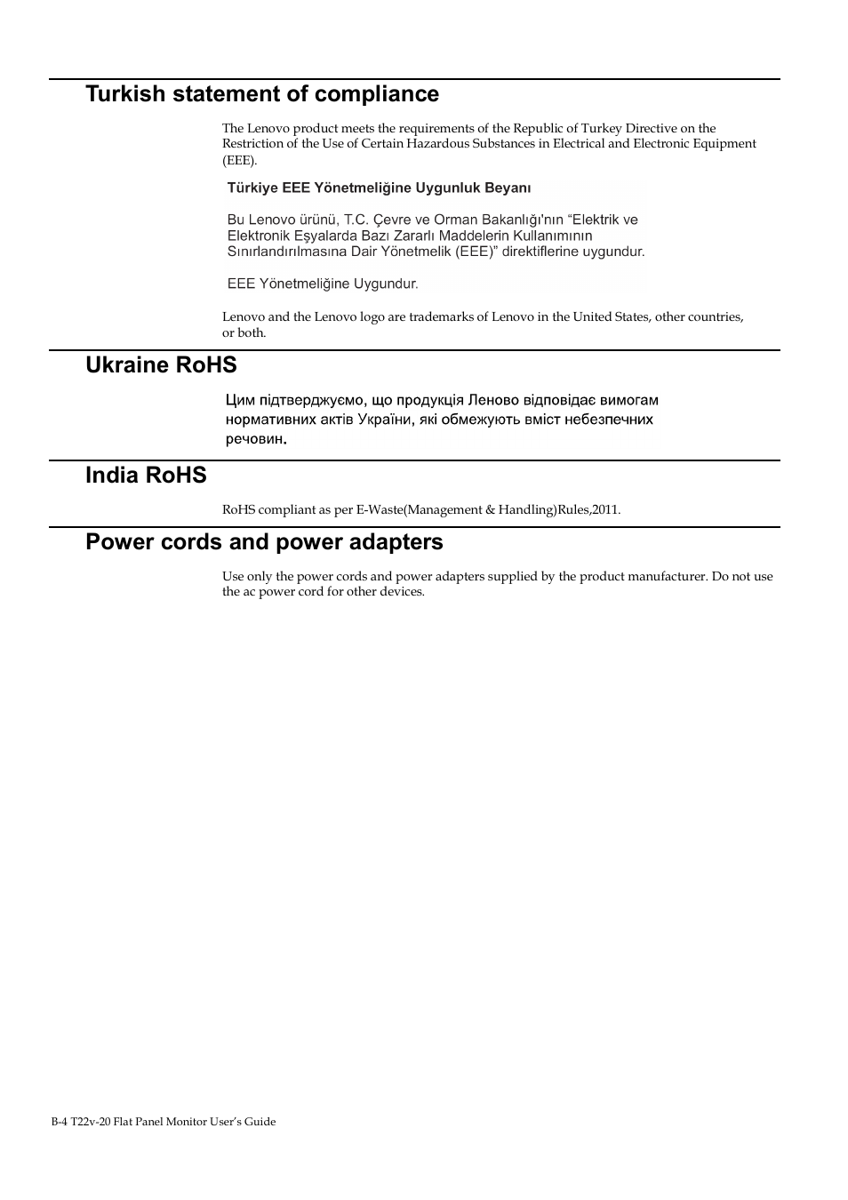 Turkish statement of compliance, Ukraine rohs, India rohs | Power cords and power adapters | Lenovo ThinkVision T22v-20 21.5" 16:9 VoIP IPS Monitor User Manual | Page 43 / 43