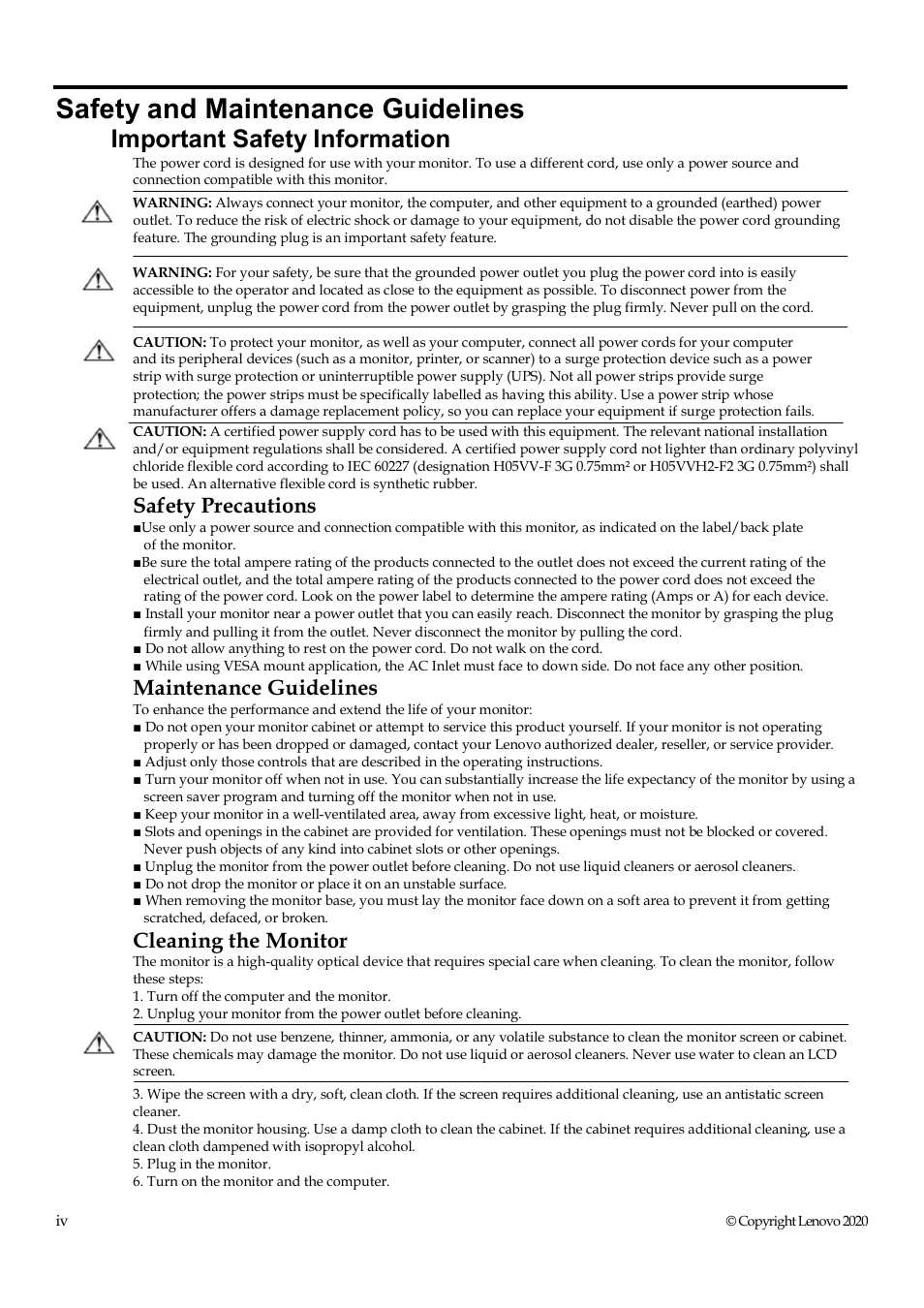 Safety and maintenance guidelines, Important safety information, Safety precautions | Maintenance guidelines, Cleaning the monitor | Lenovo ThinkVision T22v-20 21.5" 16:9 VoIP IPS Monitor User Manual | Page 5 / 43