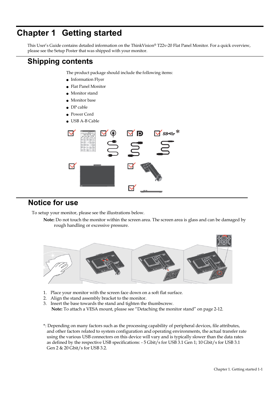 Chapter 1 getting started, Shipping contents, Notice for use | Lenovo ThinkVision T22v-20 21.5" 16:9 VoIP IPS Monitor User Manual | Page 6 / 43