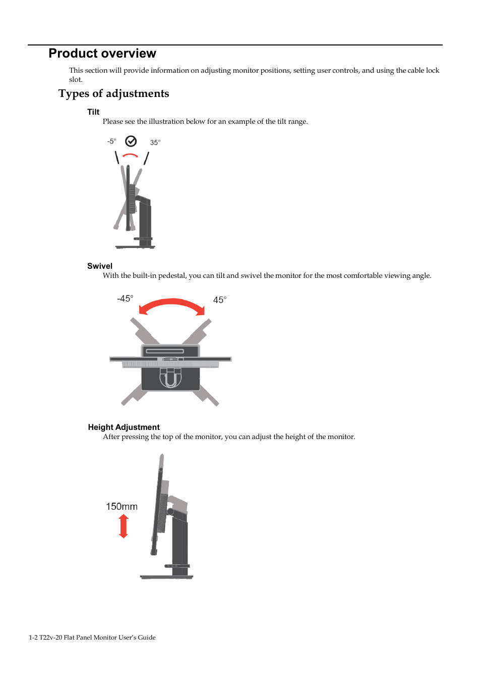 Product overview, Types of adjustments | Lenovo ThinkVision T22v-20 21.5" 16:9 VoIP IPS Monitor User Manual | Page 7 / 43
