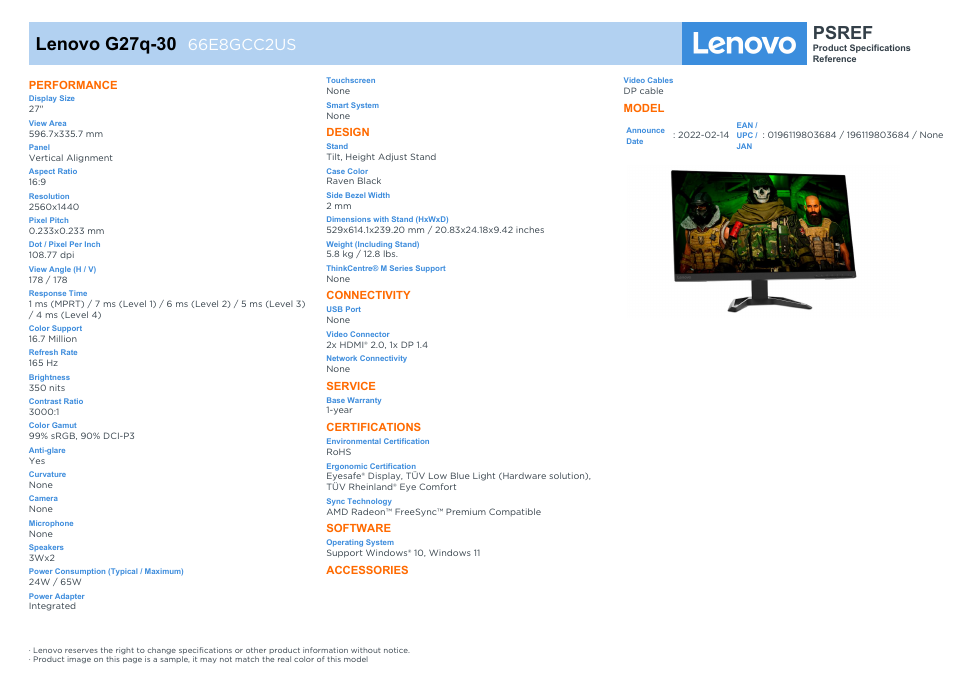 Lenovo G27q-30 27" 1440p 165 Hz HDR Monitor User Manual | 2 pages