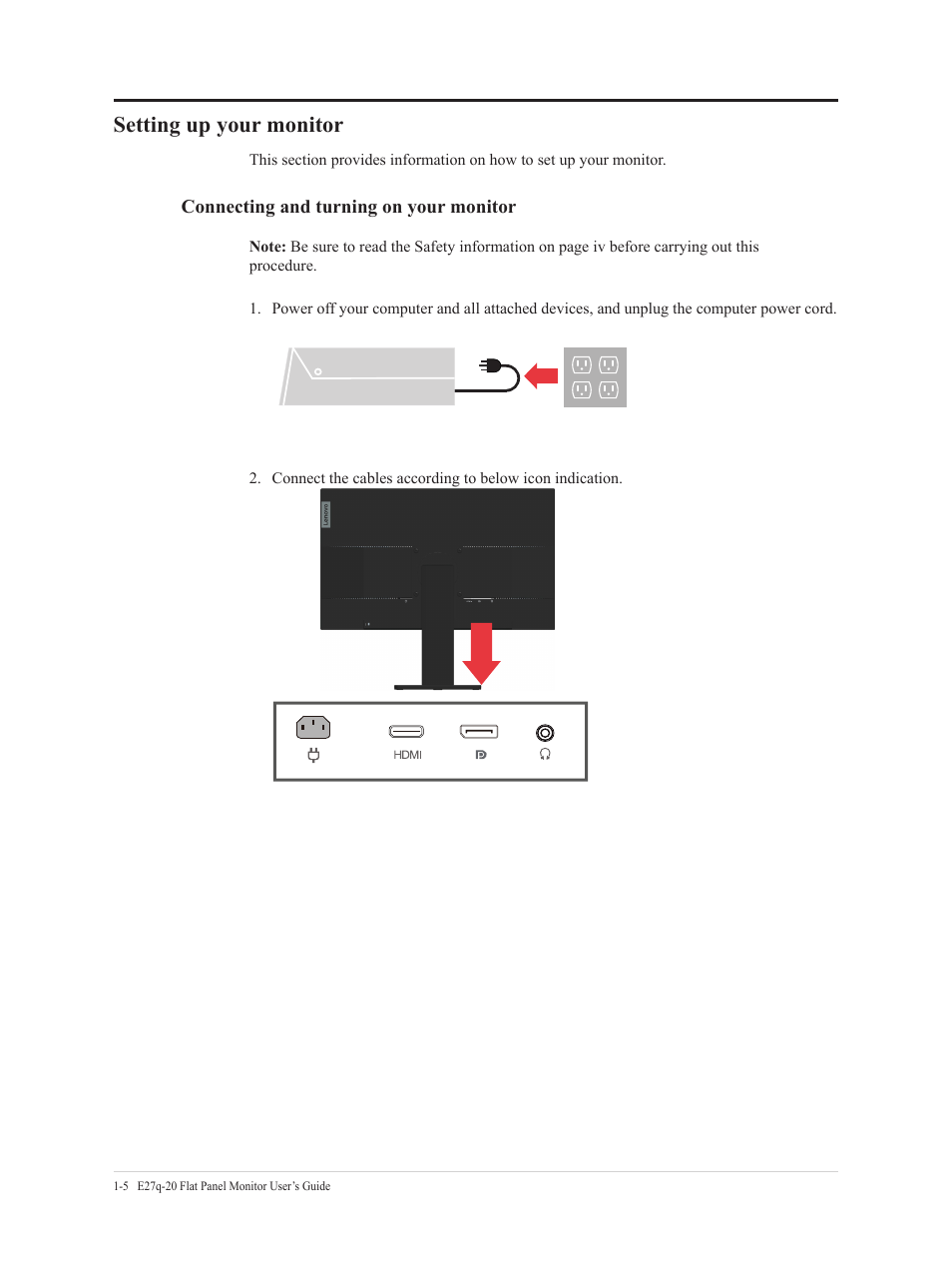 Setting up your monitor, Setting up your monitor -5 | Lenovo E27q-20 27" 1440p Monitor User Manual | Page 10 / 37