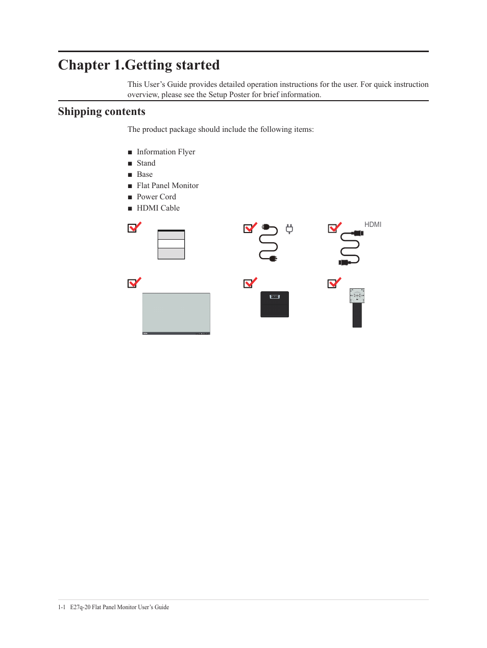 Chapter 1.getting started, Shipping contents, Chapter 1.getting started -1 | Shipping contents -1 | Lenovo E27q-20 27" 1440p Monitor User Manual | Page 6 / 37