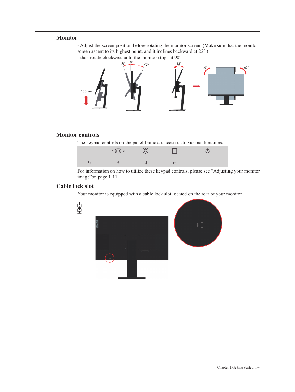 Monitor, Monitor controls, Cable lock slot | Lenovo E27q-20 27" 1440p Monitor User Manual | Page 9 / 37