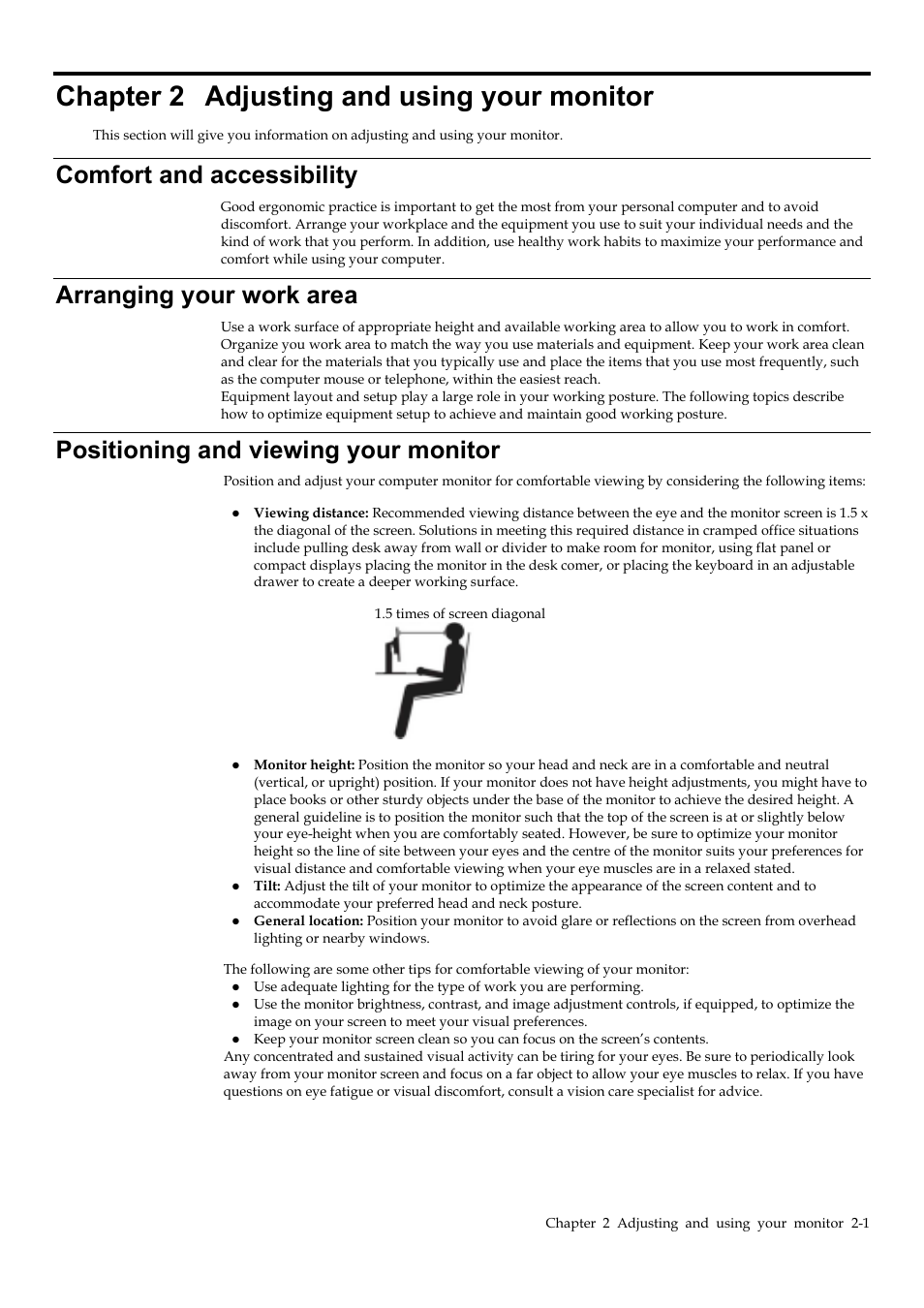 Chapter 2 adjusting and using your monitor, Comfort and accessibility, Arranging your work area | Positioning and viewing your monitor, Chapter 2, Adjusting and using your monitor -1, Comfort and accessibility -1, Arranging your work area -1, Positioning and viewing your monitor -1 | Lenovo Legion Y32p-30 31.5" 4K HDR 144 Hz Gaming Monitor User Manual | Page 14 / 36