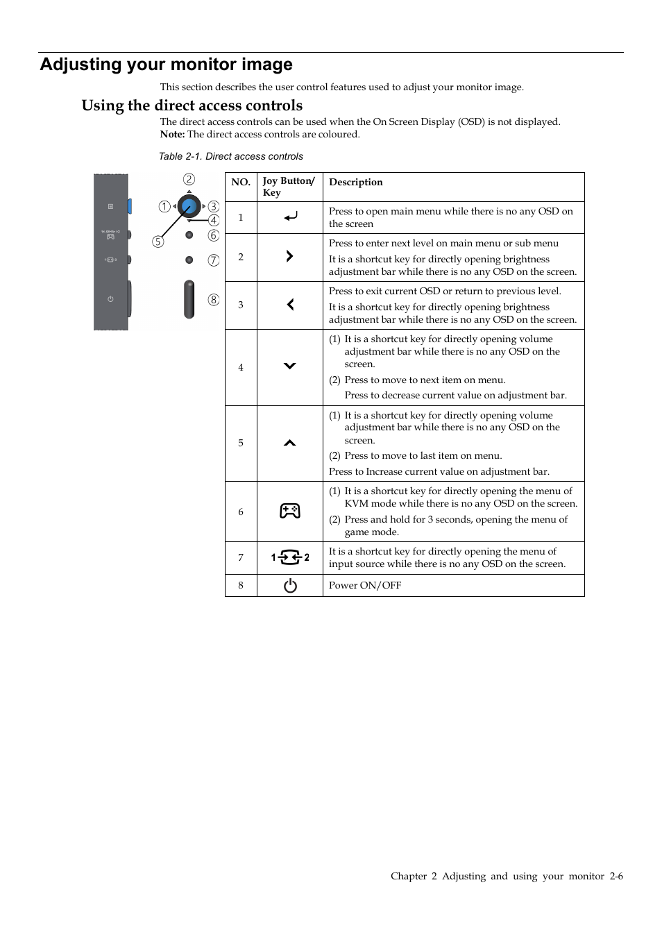 Adjusting your monitor image, Using the direct access controls, Adjusting your monitor image -6 | Using the direct access controls -6 | Lenovo Legion Y32p-30 31.5" 4K HDR 144 Hz Gaming Monitor User Manual | Page 19 / 36