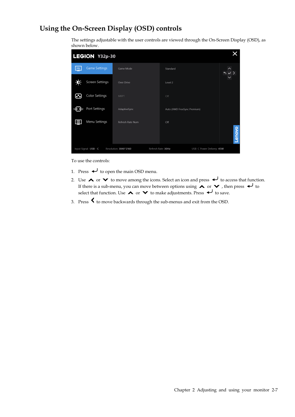 Using the on-screen display (osd) controls, Using the on-screen display (osd) controls -7 | Lenovo Legion Y32p-30 31.5" 4K HDR 144 Hz Gaming Monitor User Manual | Page 20 / 36