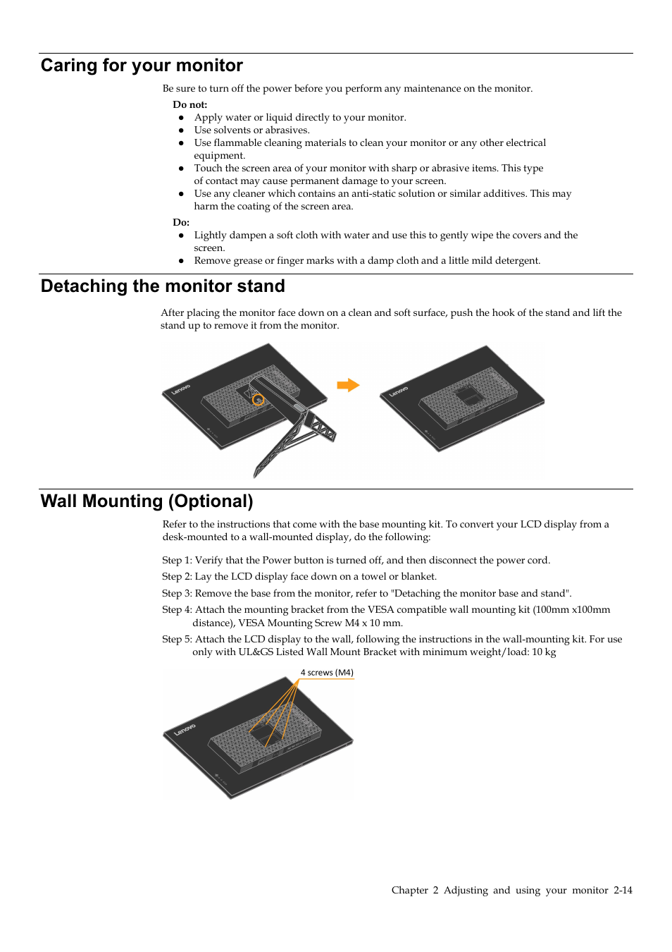 Caring for your monitor, Detaching the monitor stand, Wall mounting (optional) | Caring for your monitor -14, Detaching the monitor stand -14, Wall mounting (optional) -14 | Lenovo Legion Y32p-30 31.5" 4K HDR 144 Hz Gaming Monitor User Manual | Page 27 / 36