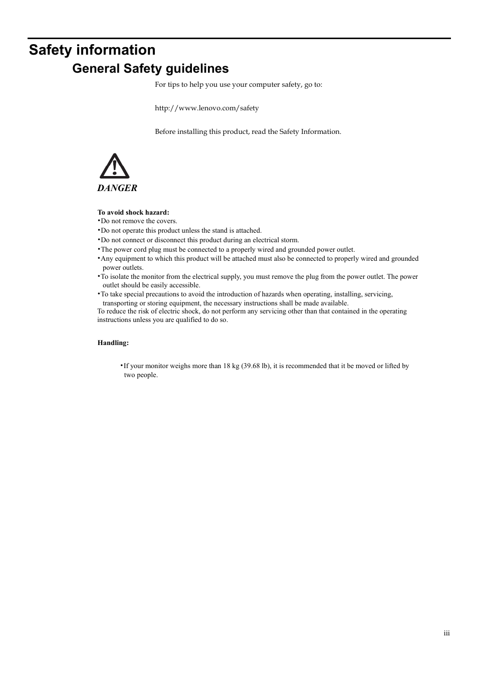 Safety information, General safety guidelines, Danger | Lenovo Legion Y32p-30 31.5" 4K HDR 144 Hz Gaming Monitor User Manual | Page 4 / 36