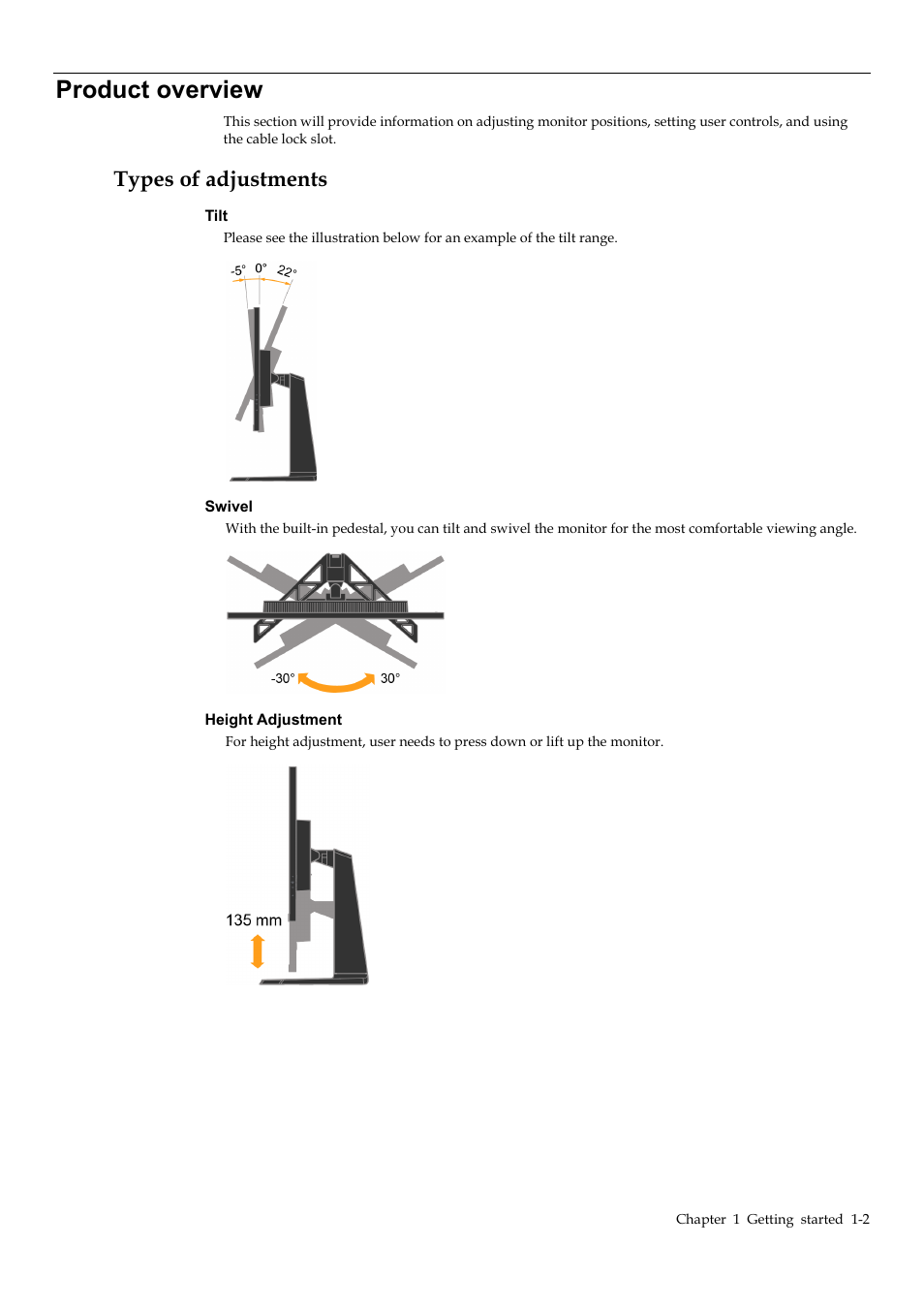 Product overview, Types of adjustments, Product overview -2 | Types of adjustments -2 | Lenovo Legion Y32p-30 31.5" 4K HDR 144 Hz Gaming Monitor User Manual | Page 6 / 36