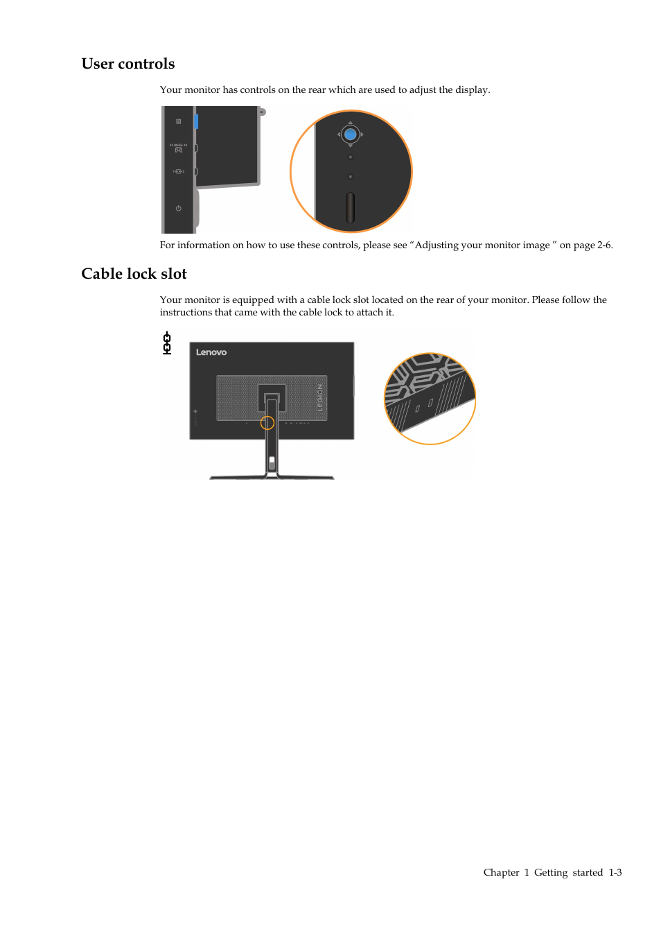 User controls, Cable lock slot, User controls -3 | Cable lock slot -3 | Lenovo Legion Y32p-30 31.5" 4K HDR 144 Hz Gaming Monitor User Manual | Page 7 / 36