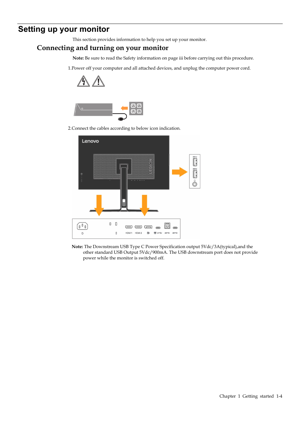 Setting up your monitor, Connecting and turning on your monitor, Setting up your monitor -4 | Connecting and turning on your monitor -4 | Lenovo Legion Y32p-30 31.5" 4K HDR 144 Hz Gaming Monitor User Manual | Page 8 / 36