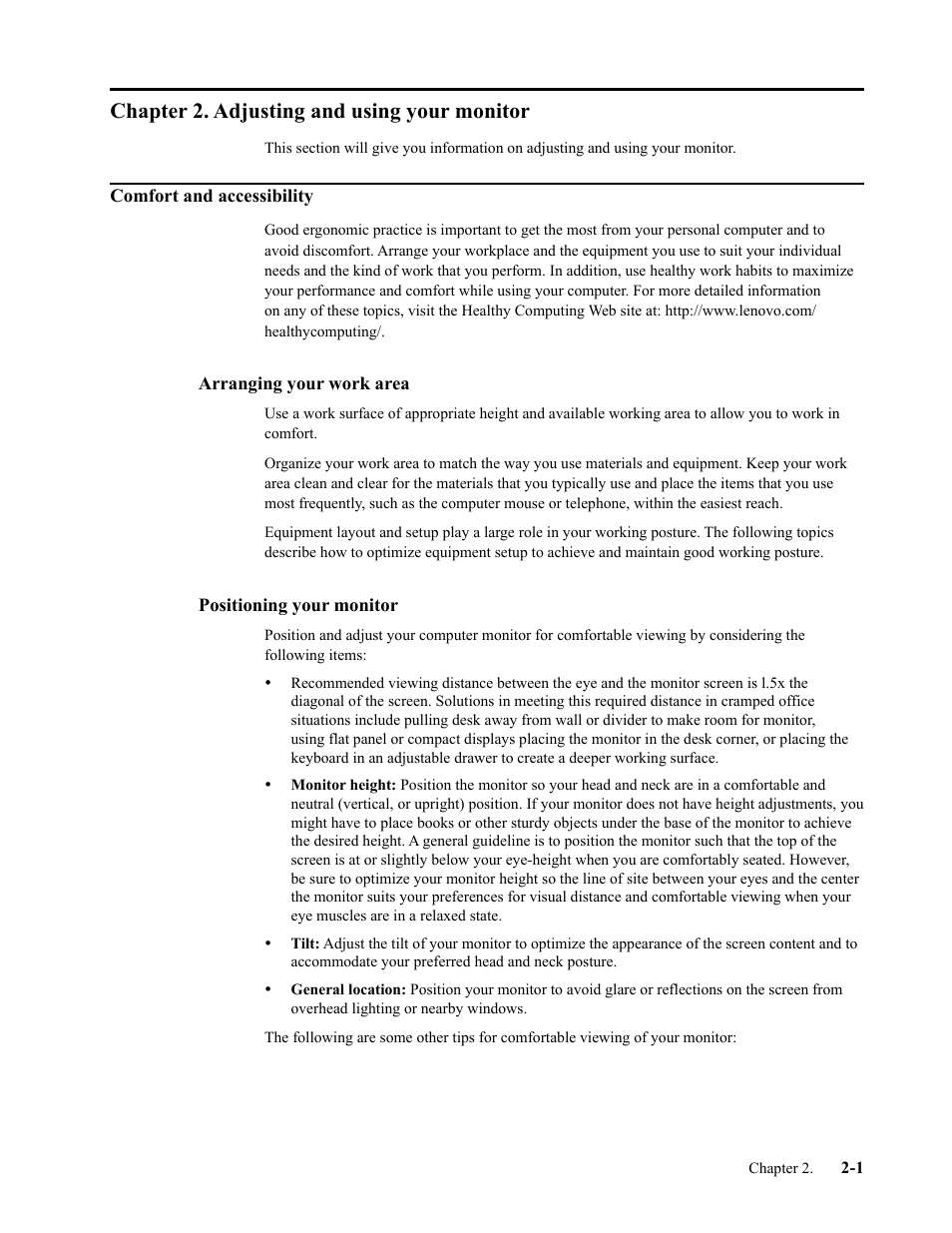 Chapter 2. adjusting and using your monitor, Comfort and accessibility, Arranging your work area | Positioning your monitor, Chapter 2. adjusting and using your monitor -1, Comfort and accessibility -1, Arranging your work area -1, Positioning your monitor -1 | Lenovo L27q-35 27" 1440p Monitor User Manual | Page 13 / 31