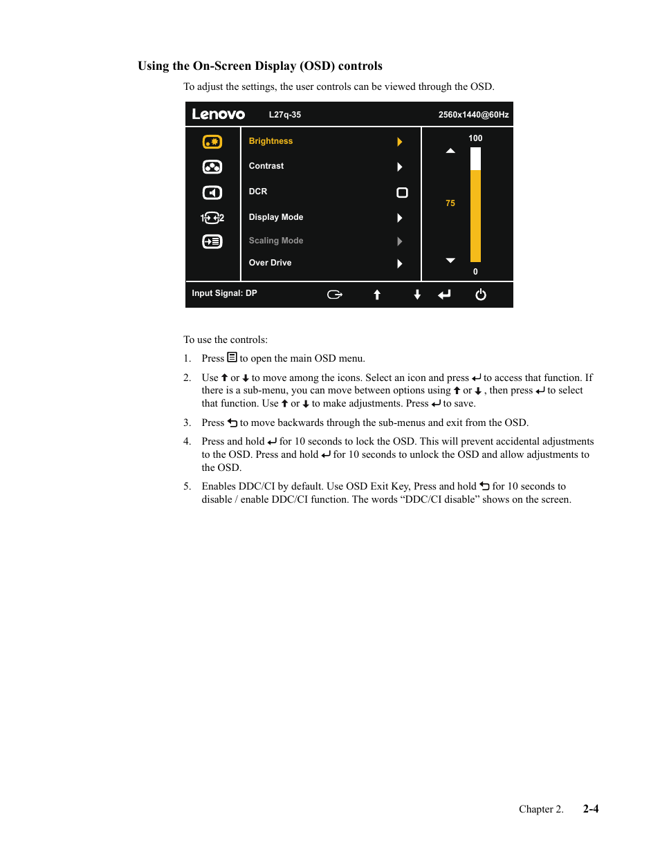 Using the on-screen display (osd) controls, Using the on-screen display (osd) controls -4 | Lenovo L27q-35 27" 1440p Monitor User Manual | Page 16 / 31