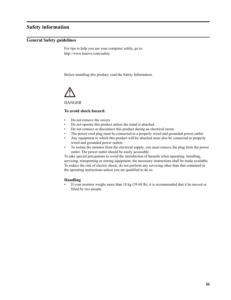 Safety information, General safety guidelines | Lenovo L27q-35 27" 1440p Monitor User Manual | Page 4 / 31