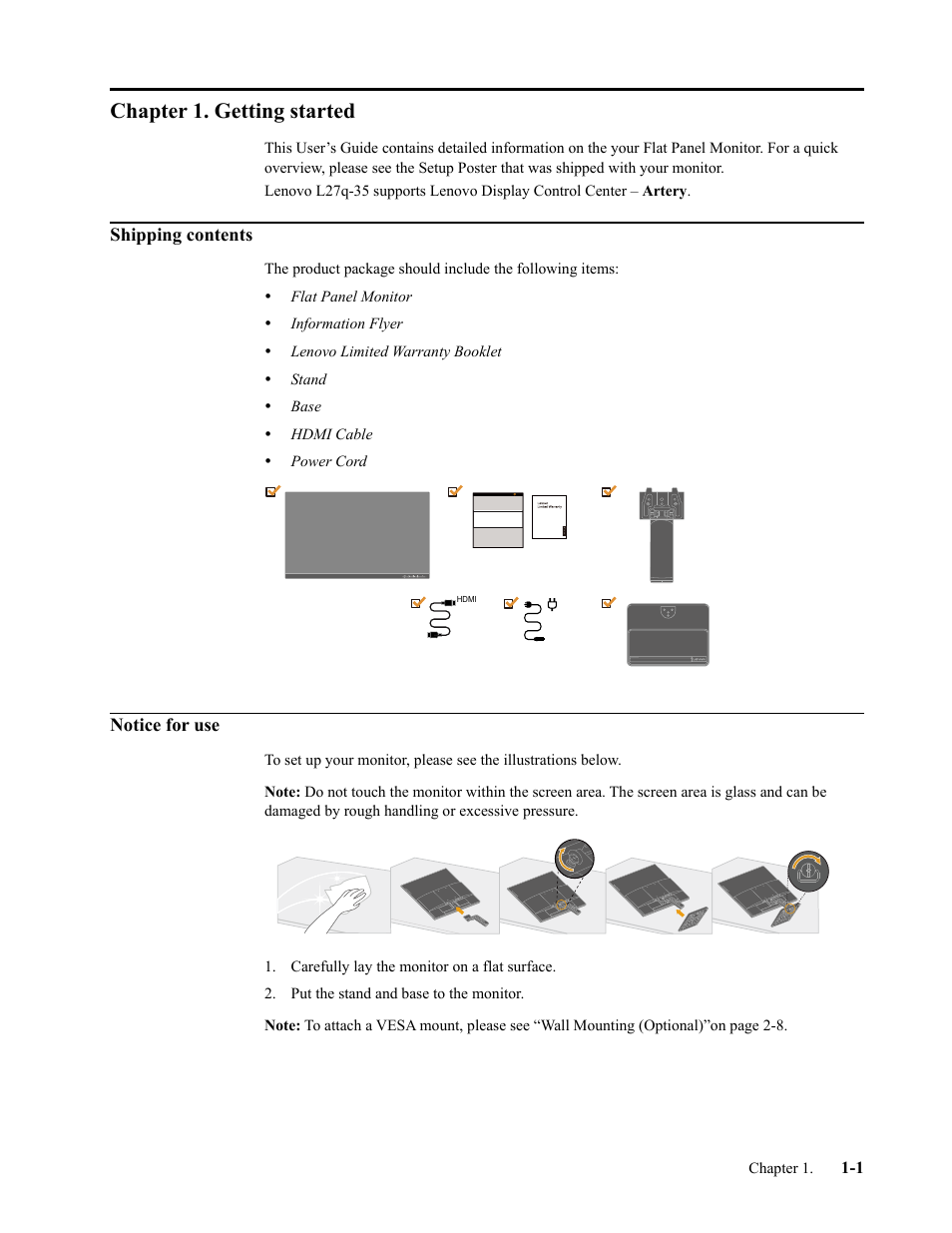 Chapter 1. getting started, Shipping contents, Notice for use | Chapter 1. getting started -1, Shipping contents -1, Notice for use -1 | Lenovo L27q-35 27" 1440p Monitor User Manual | Page 5 / 31