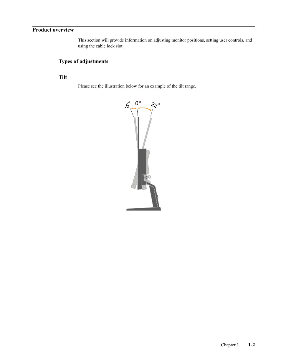 Product overview, Types of adjustments, Tilt | Product overview -2, Types of adjustments -2, Tilt -2 | Lenovo L27q-35 27" 1440p Monitor User Manual | Page 6 / 31