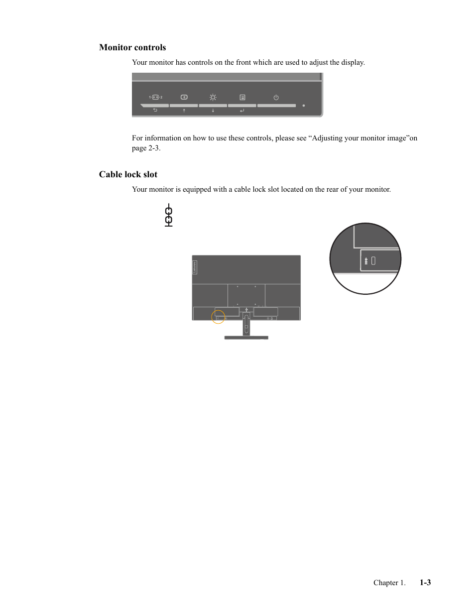 Monitor controls, Cable lock slot, Monitor controls -3 | Cable lock slot -3 | Lenovo L27q-35 27" 1440p Monitor User Manual | Page 7 / 31