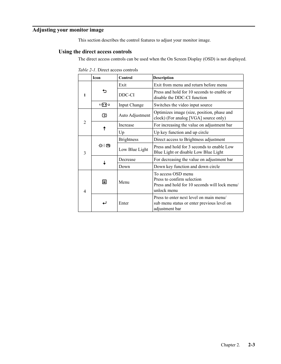 Adjusting your monitor image, Using the direct access controls, Adjusting your monitor image -3 | Using the direct access controls -3 | Lenovo L24i-30 23.8" 16:9 IPS Monitor User Manual | Page 15 / 31