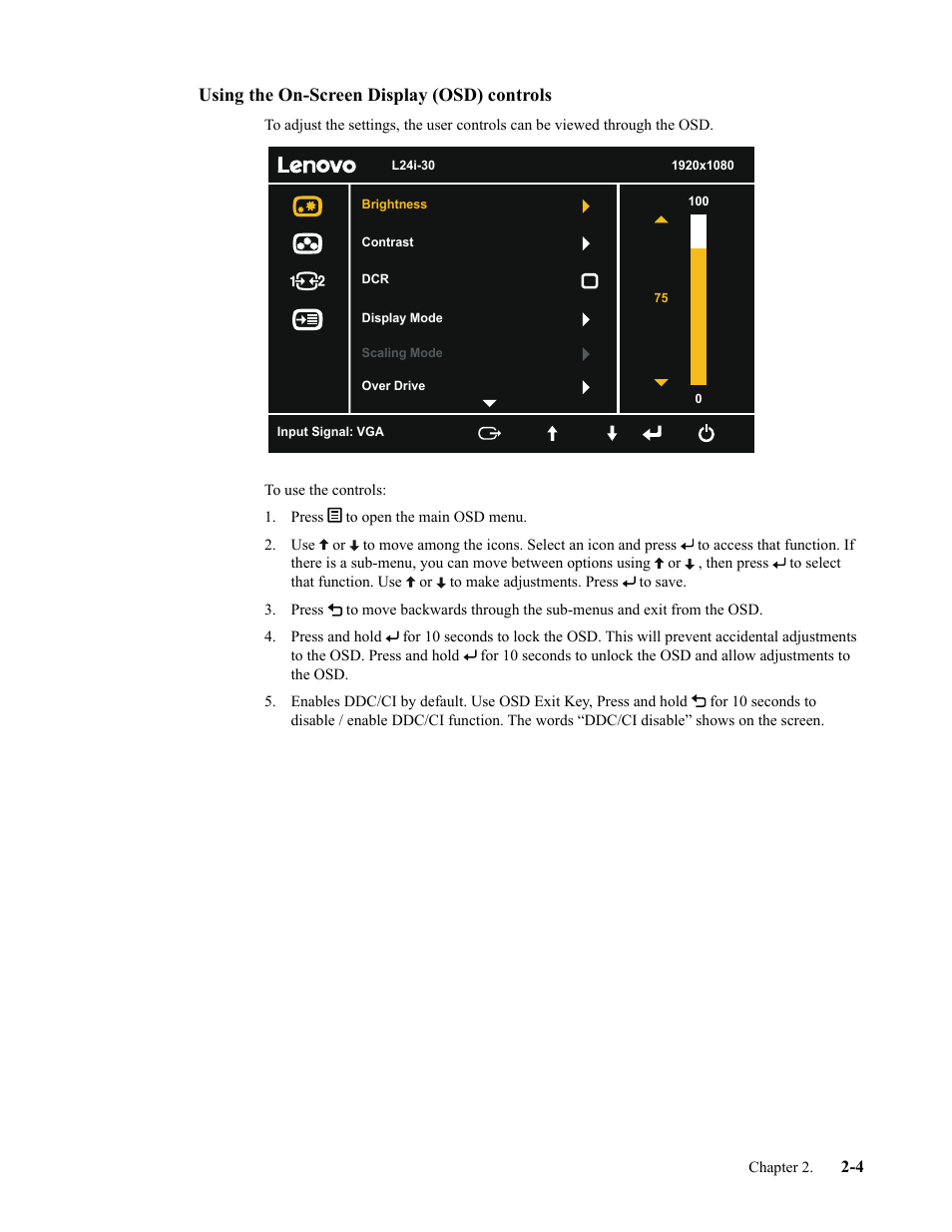 Using the on-screen display (osd) controls, Using the on-screen display (osd) controls -4 | Lenovo L24i-30 23.8" 16:9 IPS Monitor User Manual | Page 16 / 31