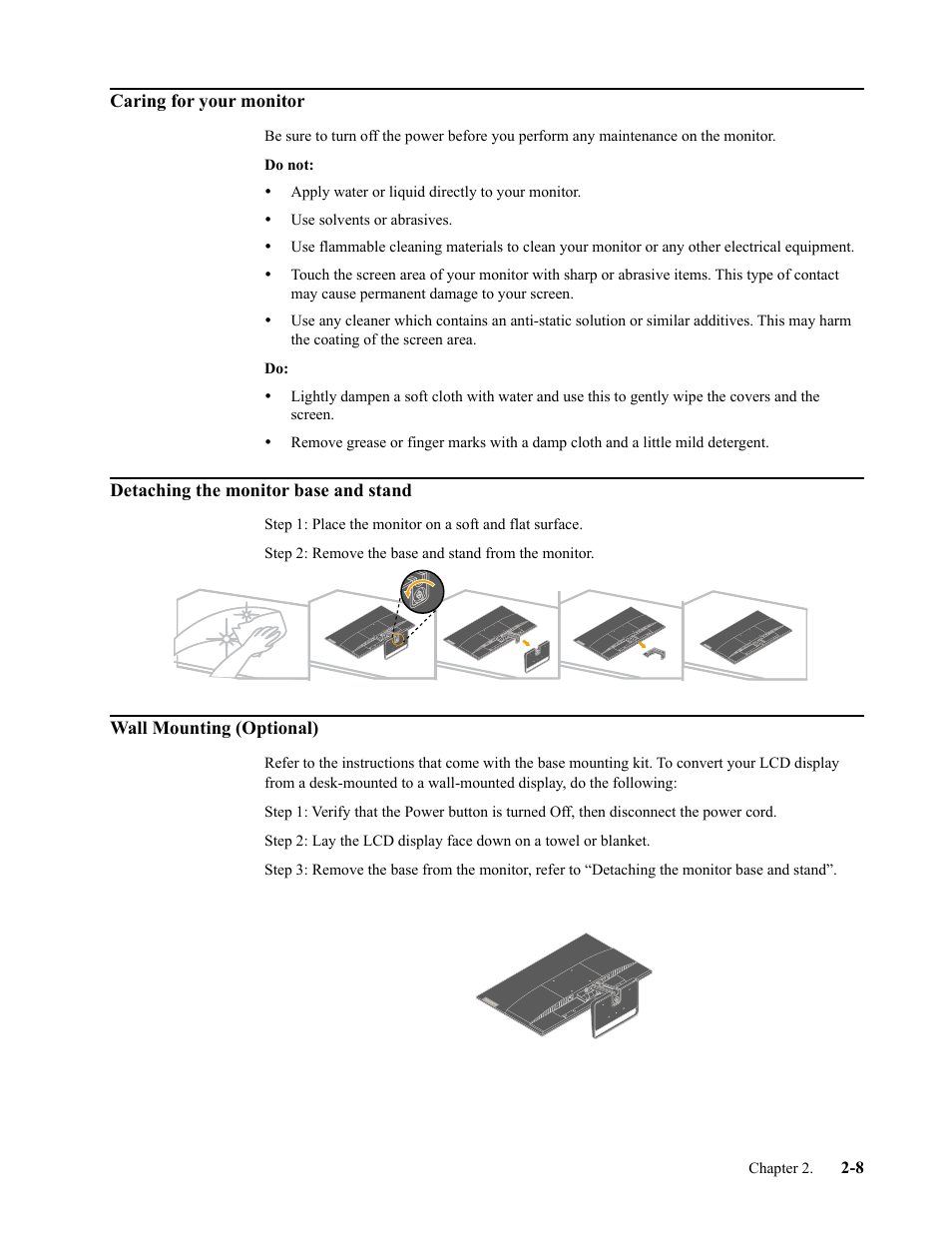 Caring for your monitor, Detaching the monitor base and stand, Wall mounting (optional) | Caring for your monitor -8, Detaching the monitor base and stand -8, Wall mounting (optional) -8 | Lenovo L24i-30 23.8" 16:9 IPS Monitor User Manual | Page 20 / 31