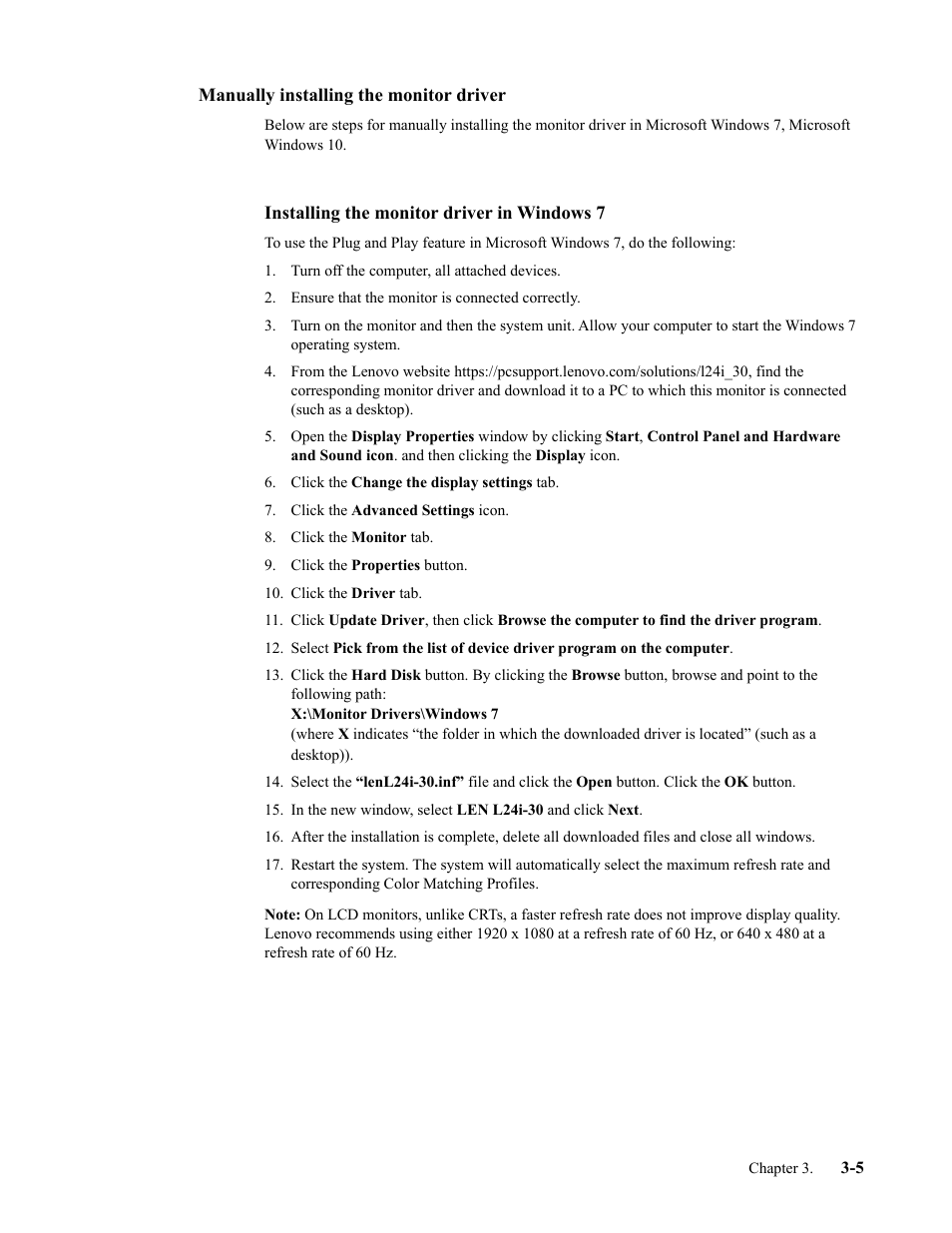 Manually installing the monitor driver, Installing the monitor driver in windows 7, Manually installing the monitor driver -5 | Installing the monitor driver in windows 7 -5 | Lenovo L24i-30 23.8" 16:9 IPS Monitor User Manual | Page 26 / 31