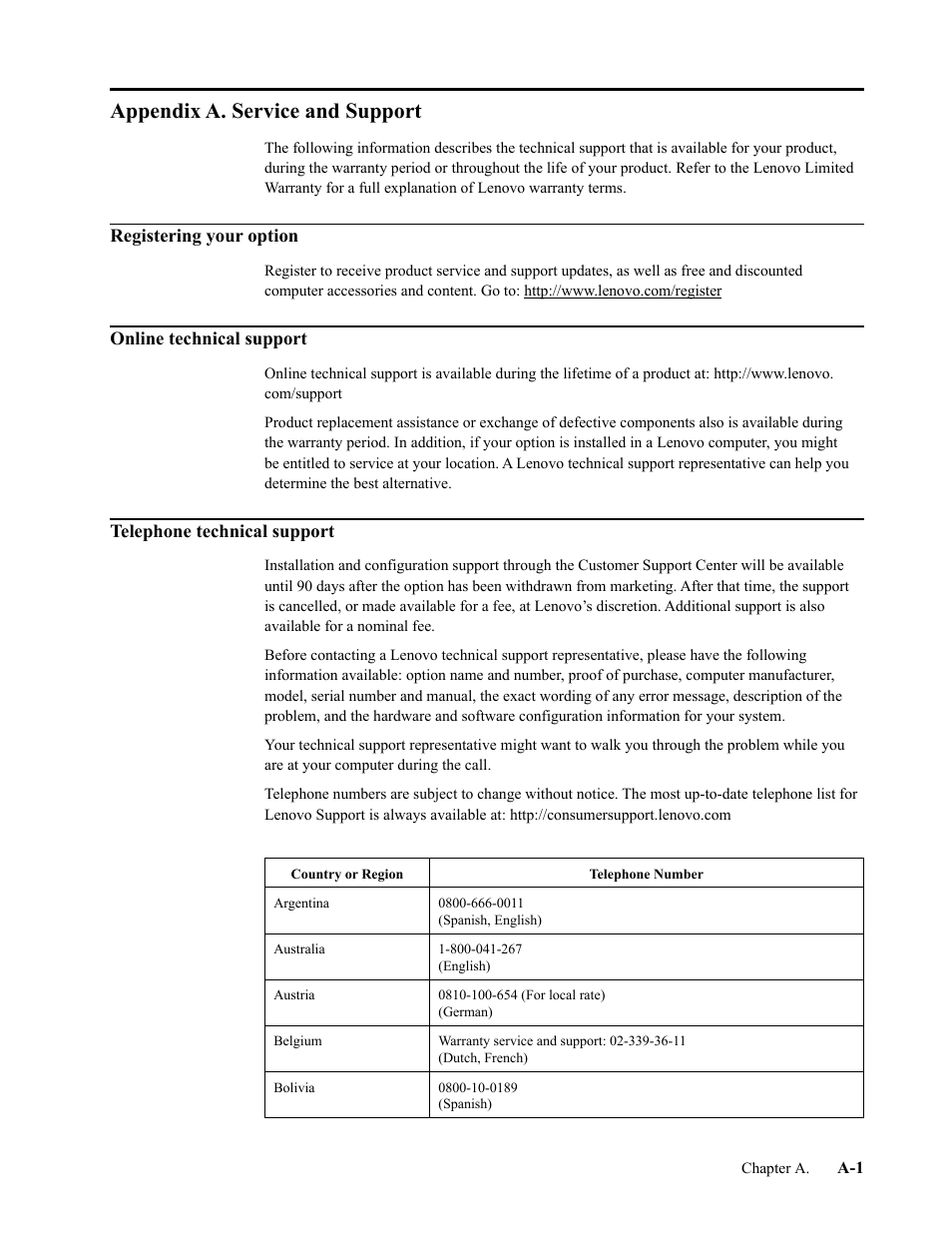 Appendix a. service and support, Registering your option, Online technical support | Telephone technical support, Appendix a.”service | Lenovo L24i-30 23.8" 16:9 IPS Monitor User Manual | Page 28 / 31