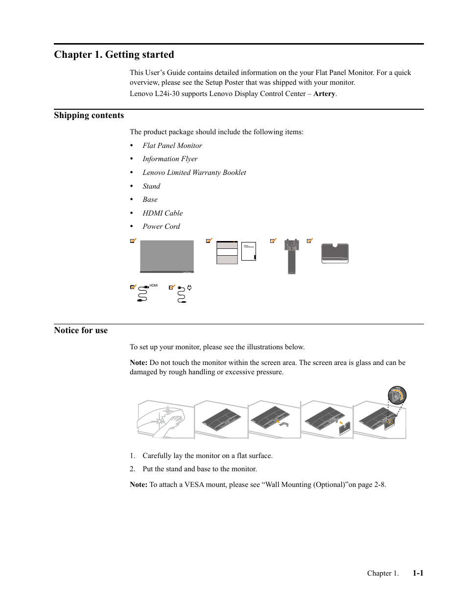 Chapter 1. getting started, Shipping contents, Notice for use | Chapter 1. getting started -1, Shipping contents -1, Notice for use -1 | Lenovo L24i-30 23.8" 16:9 IPS Monitor User Manual | Page 5 / 31