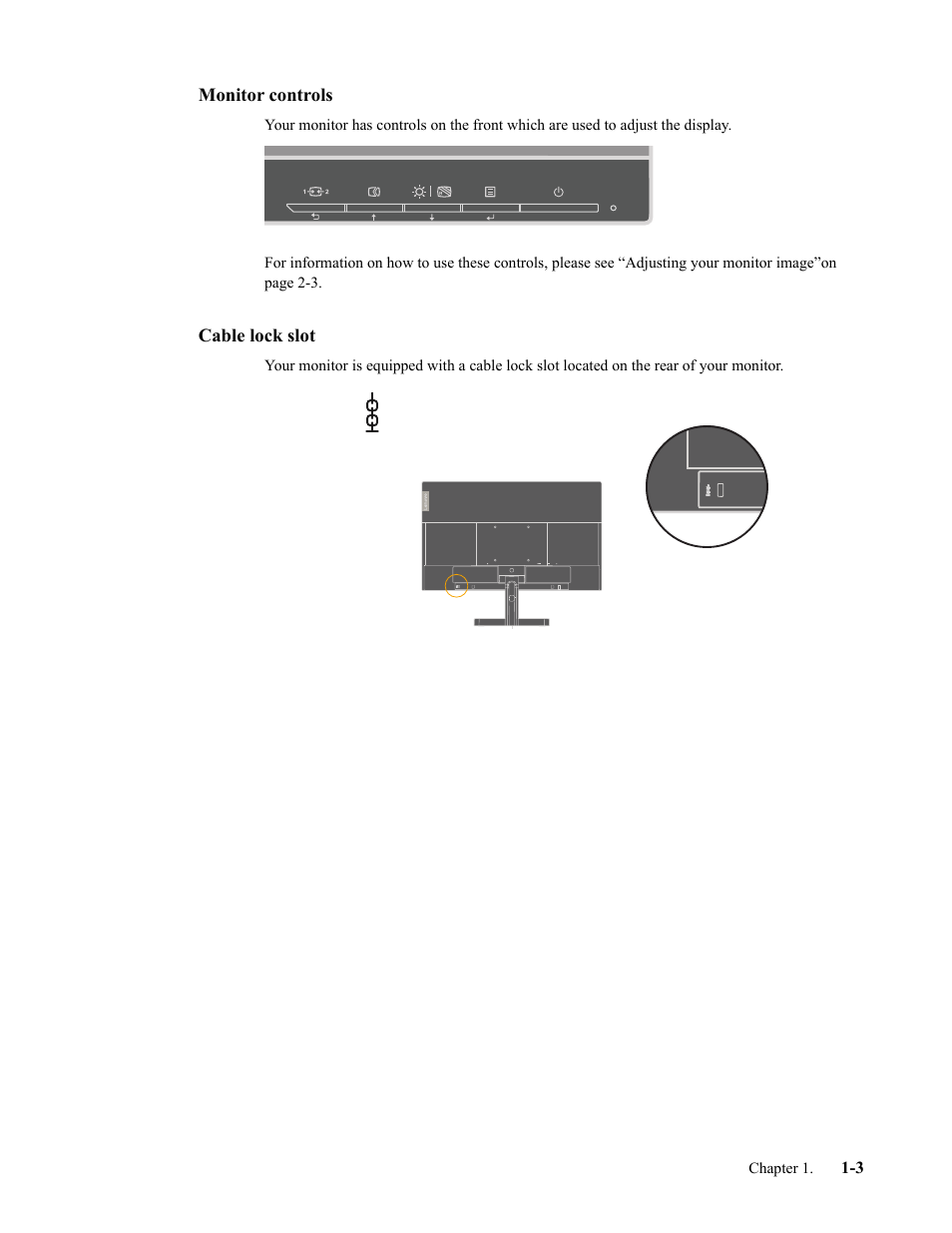 Monitor controls, Cable lock slot, Monitor controls -3 | Cable lock slot -3 | Lenovo L24i-30 23.8" 16:9 IPS Monitor User Manual | Page 7 / 31