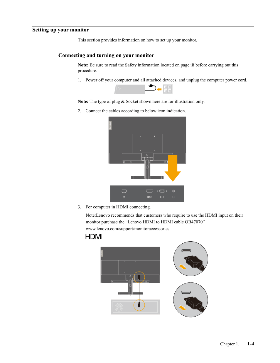 Setting up your monitor, Connecting and turning on your monitor, Setting up your monitor -4 | Connecting and turning on your monitor -4 | Lenovo L24i-30 23.8" 16:9 IPS Monitor User Manual | Page 8 / 31