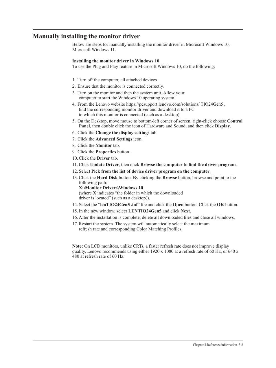 Manually installing the monitor driver, Manually installing the monitor driver -8 | Lenovo ThinkCentre Tiny-In-One 24 Gen 5 23.8" Multi-Touch Monitor with Webcam User Manual | Page 41 / 50