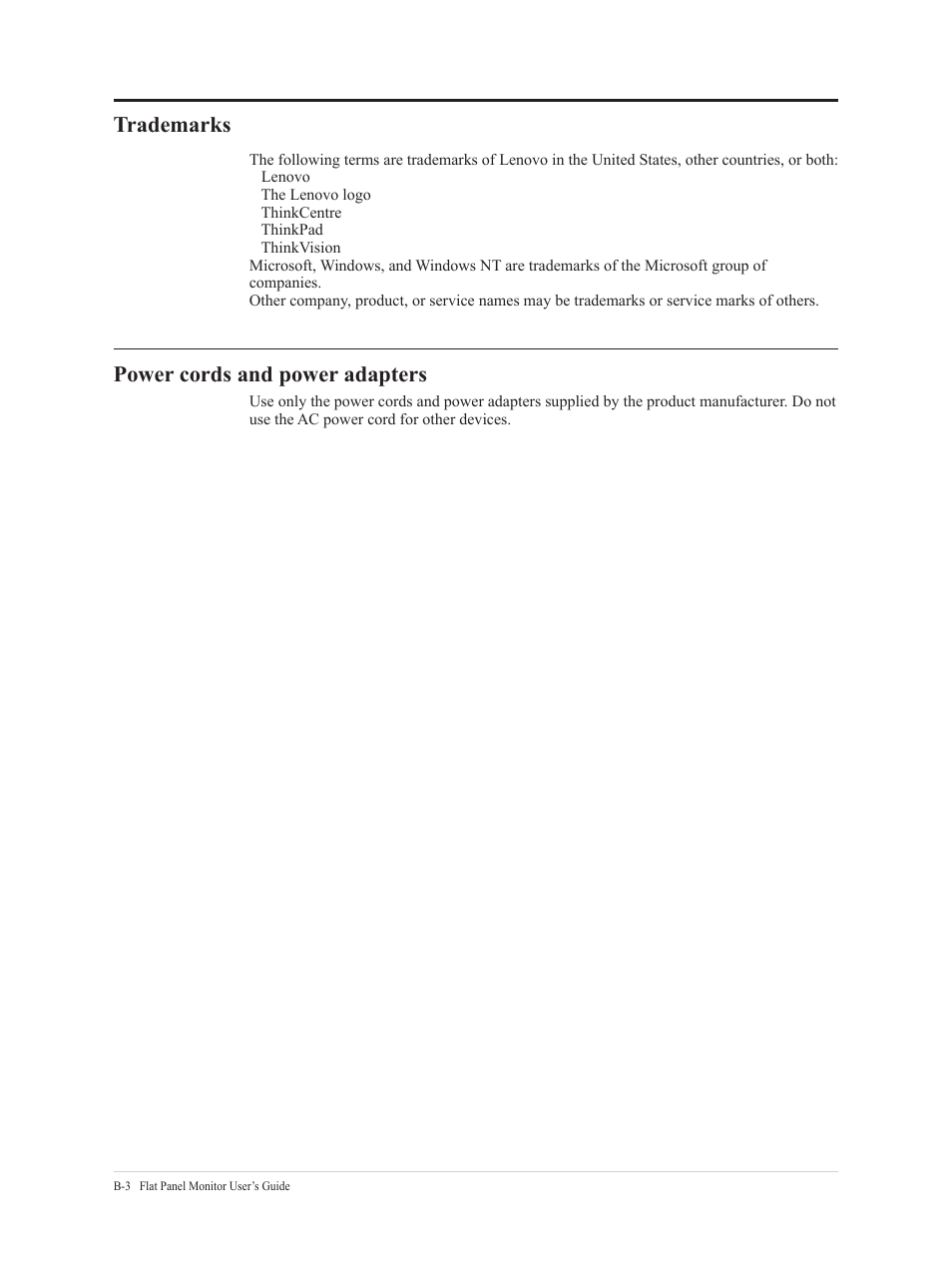 Trademarks, Power cords and power adapters | Lenovo ThinkCentre Tiny-In-One 24 Gen 5 23.8" Multi-Touch Monitor with Webcam User Manual | Page 50 / 50