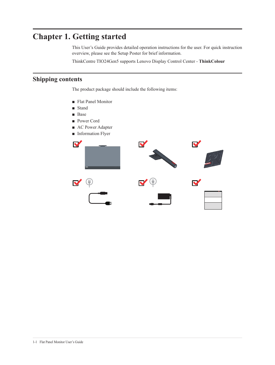 Chapter 1.getting started, Shipping contents, Chapter 1. getting started | Chapter 1. getting started -1, Shipping contents -1 | Lenovo ThinkCentre Tiny-In-One 24 Gen 5 23.8" Multi-Touch Monitor with Webcam User Manual | Page 6 / 50