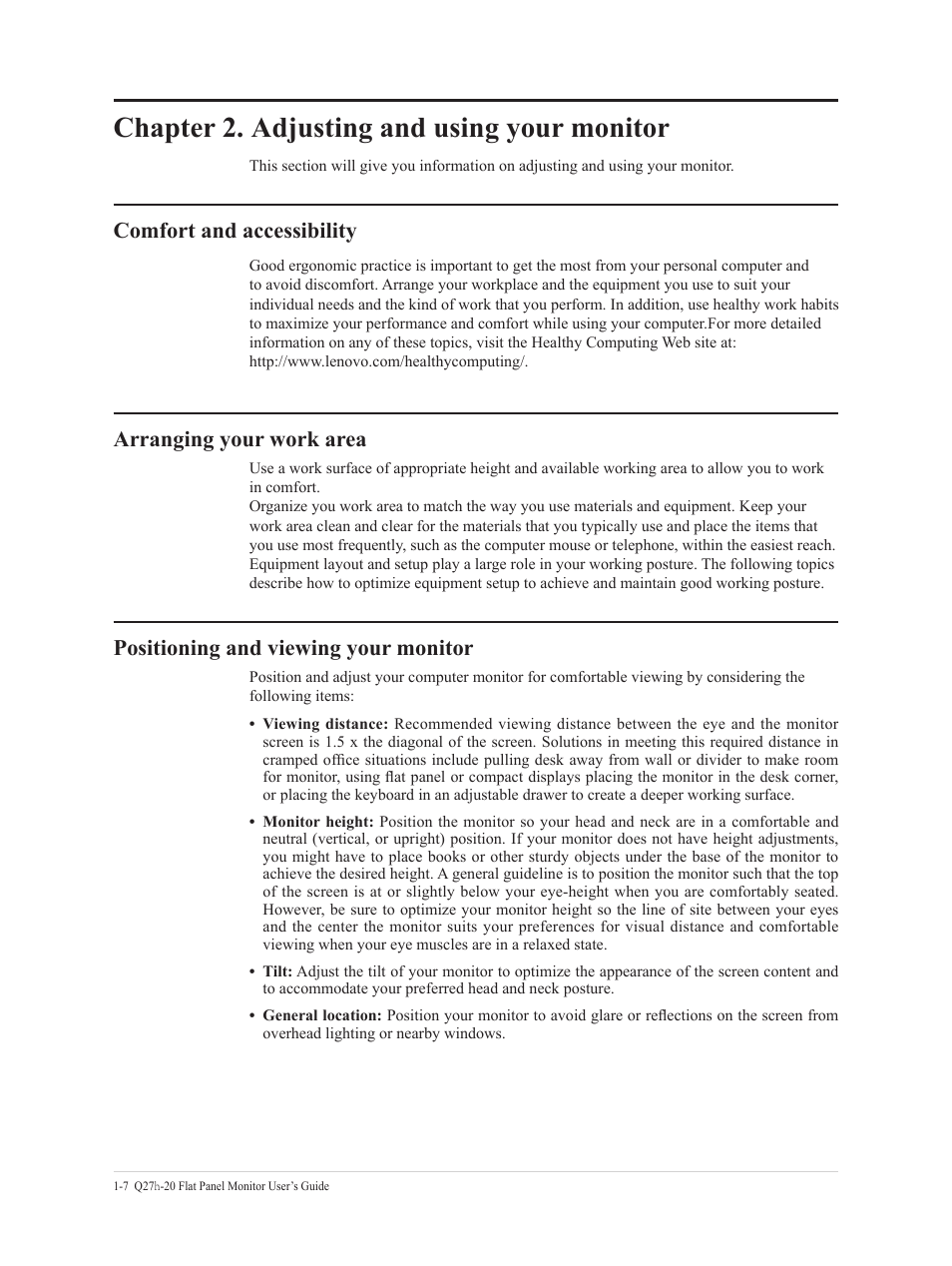 Comfort and accessibility, Chapter 2. adjusting and using your monitor, Arranging your work area | Positioning and viewing your monitor, Chapter 2, Adjusting and using your monitor -7 | Lenovo Q27h-20 27" 1440p HDR Monitor User Manual | Page 12 / 31