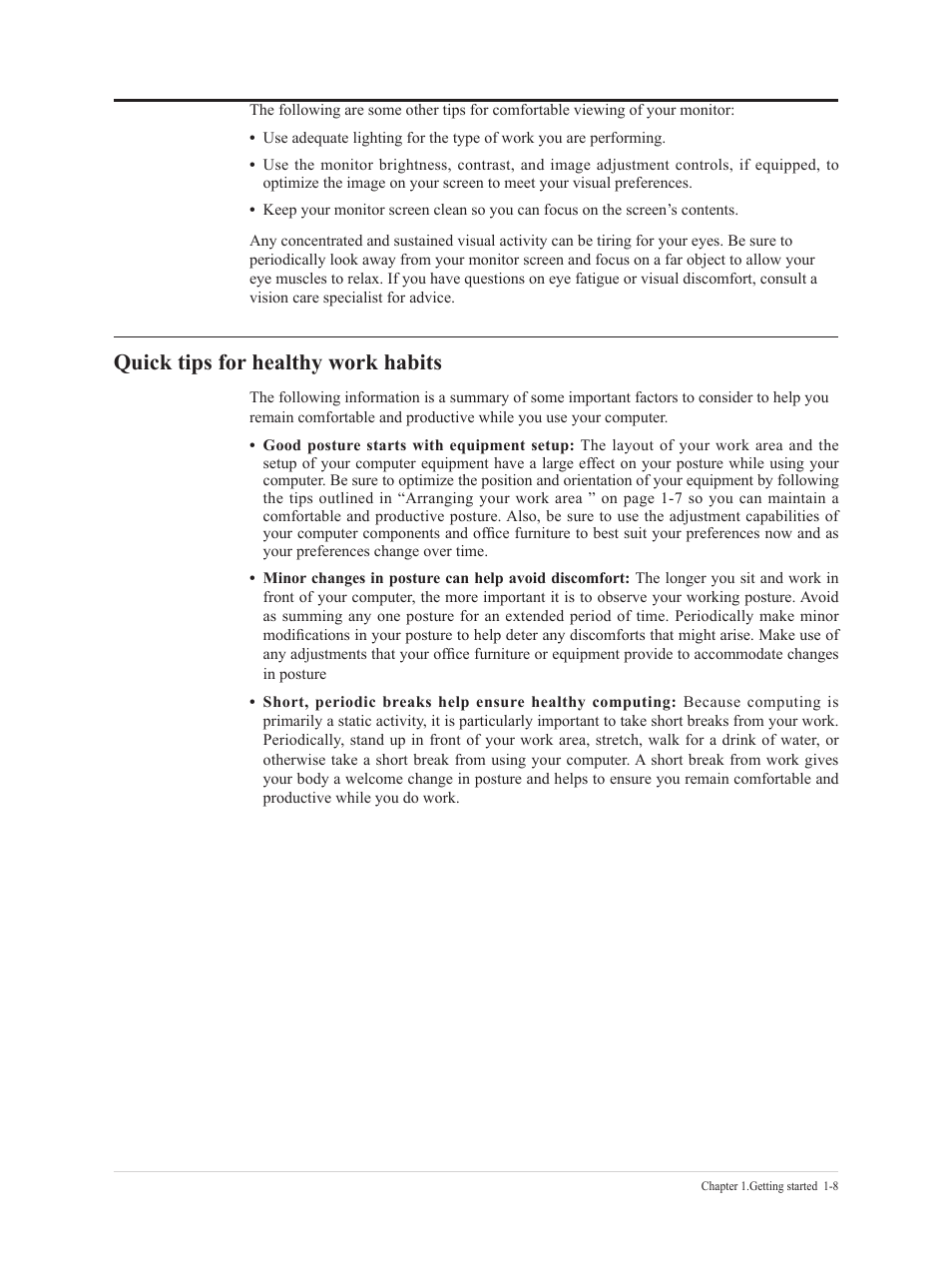 Arranging your work area, Quick tips for healthy work habits, Quick tips for healthy work habits -8 | Lenovo Q27h-20 27" 1440p HDR Monitor User Manual | Page 13 / 31