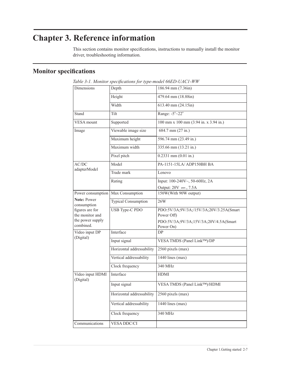 Monitor specifications, Chapter 3. reference information, Chapter 3. reference information -7 | Lenovo Q27h-20 27" 1440p HDR Monitor User Manual | Page 22 / 31