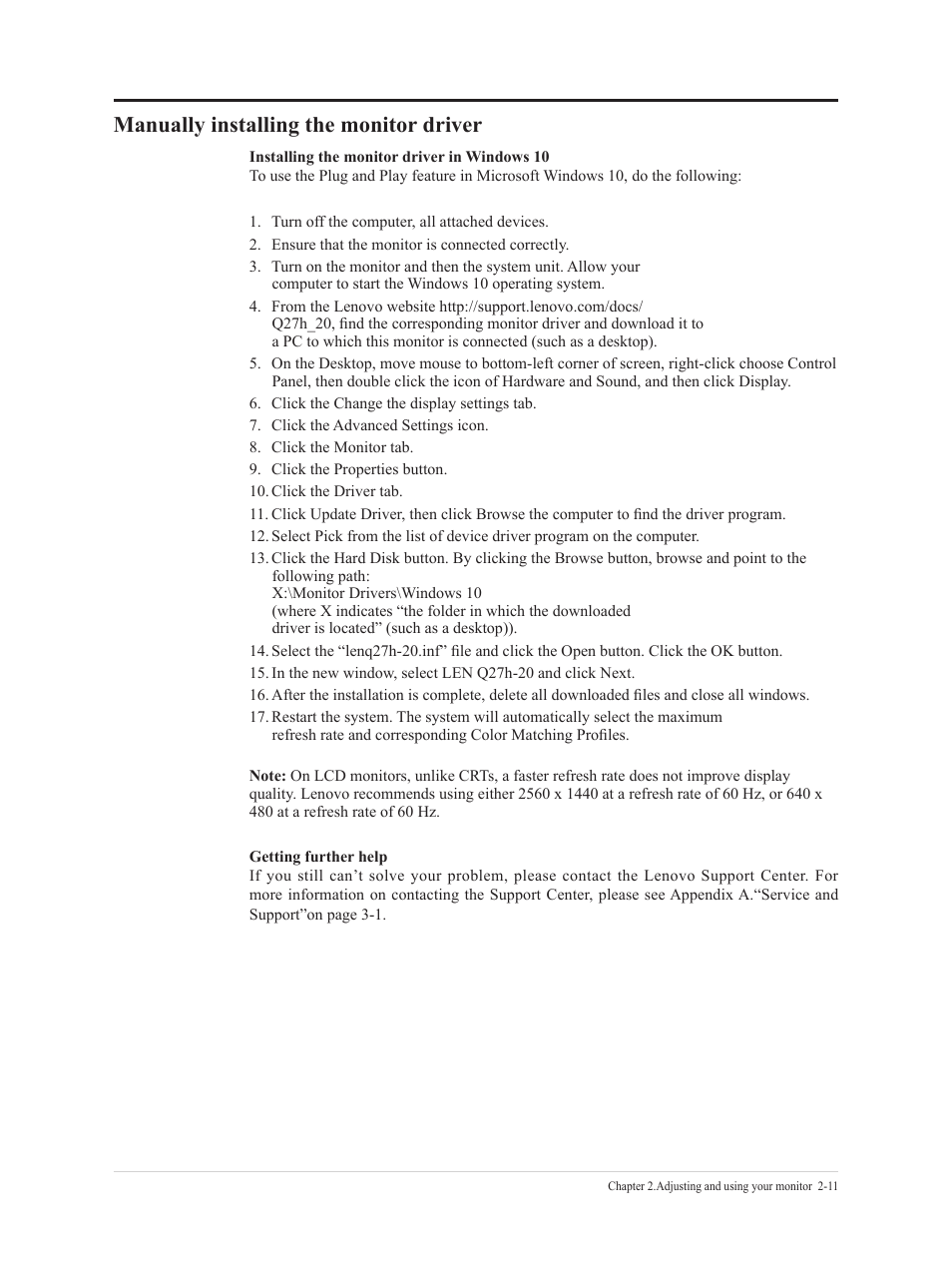 Manually installing the monitor driver, Manually installing the monitor driver -11 | Lenovo Q27h-20 27" 1440p HDR Monitor User Manual | Page 26 / 31