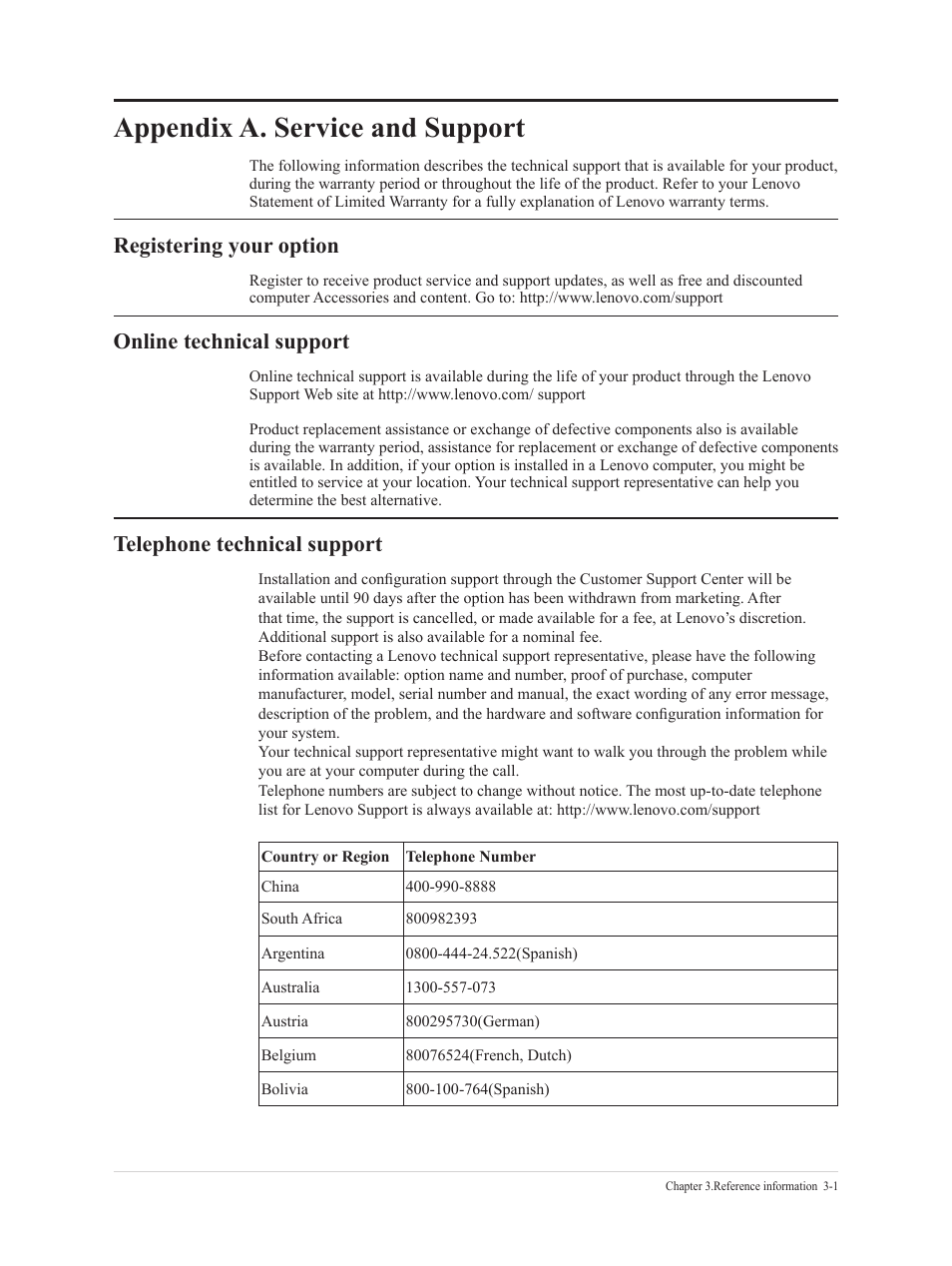 Appendix a. service and support, Telephone technical support, Registering your option | Online technical support, Appendix a. service and support -1 | Lenovo Q27h-20 27" 1440p HDR Monitor User Manual | Page 28 / 31