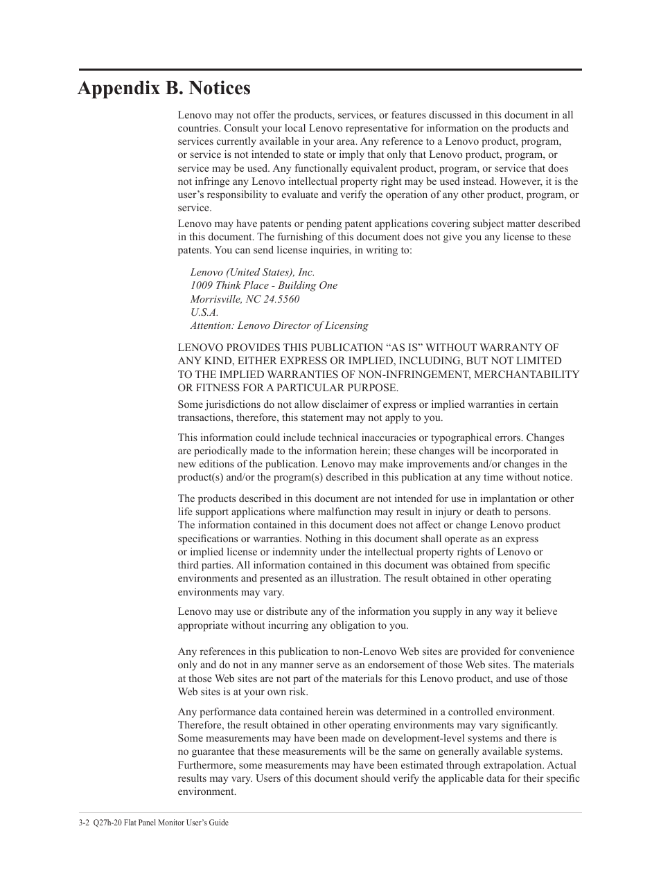 Appendix b. notices, Appendix b. notices -2 | Lenovo Q27h-20 27" 1440p HDR Monitor User Manual | Page 29 / 31